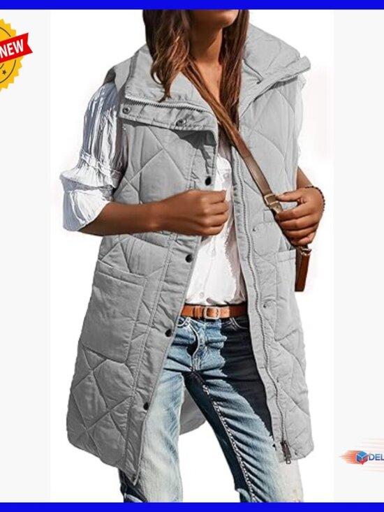 Jackets & Blazers - Long Puffer Vest Stand Collar Sleeveless Winter Coat with Pockets